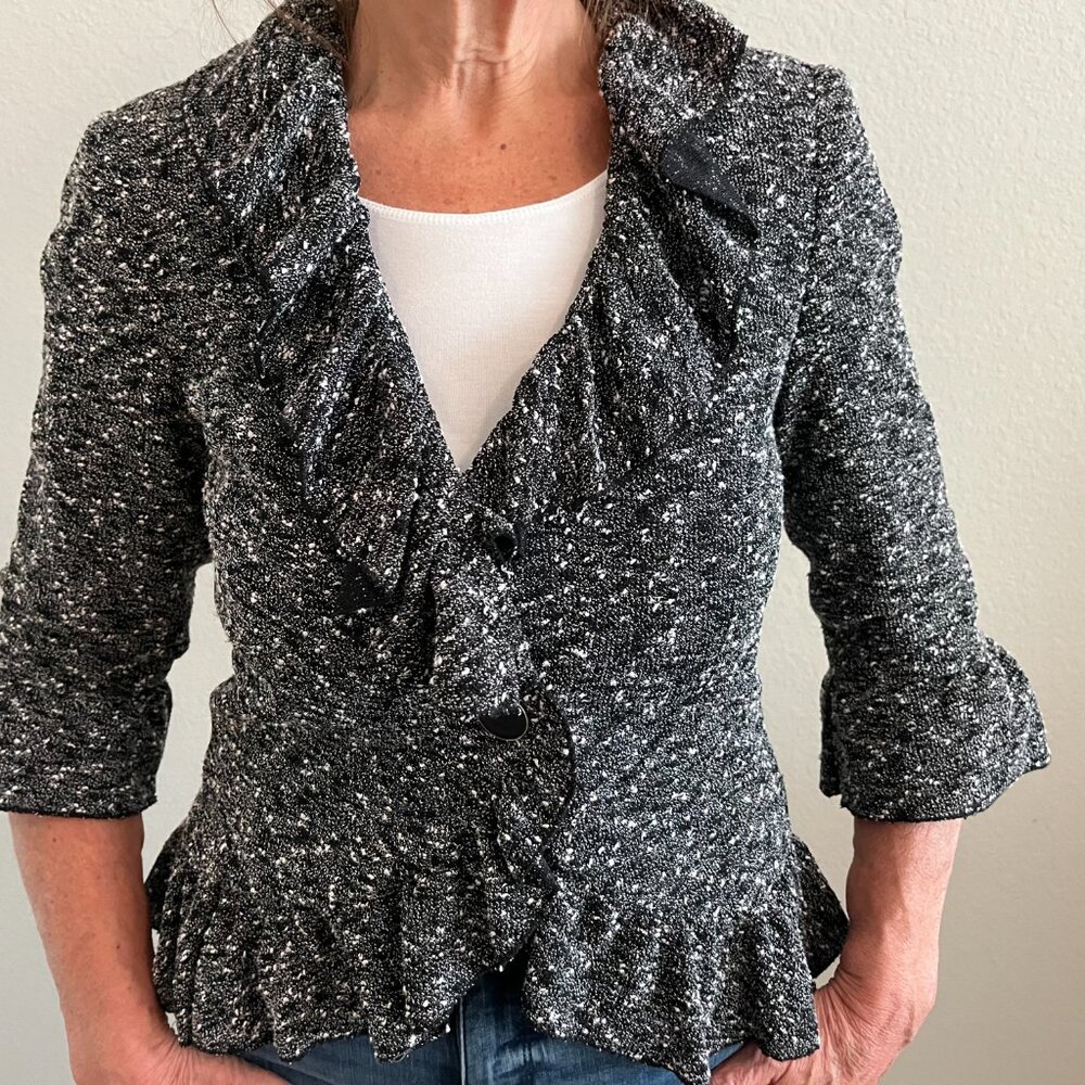 Cynthia Rowley Blazer Swing Jacket Sz Small Black Tweed Ruffle Whimsigoth Preppy
